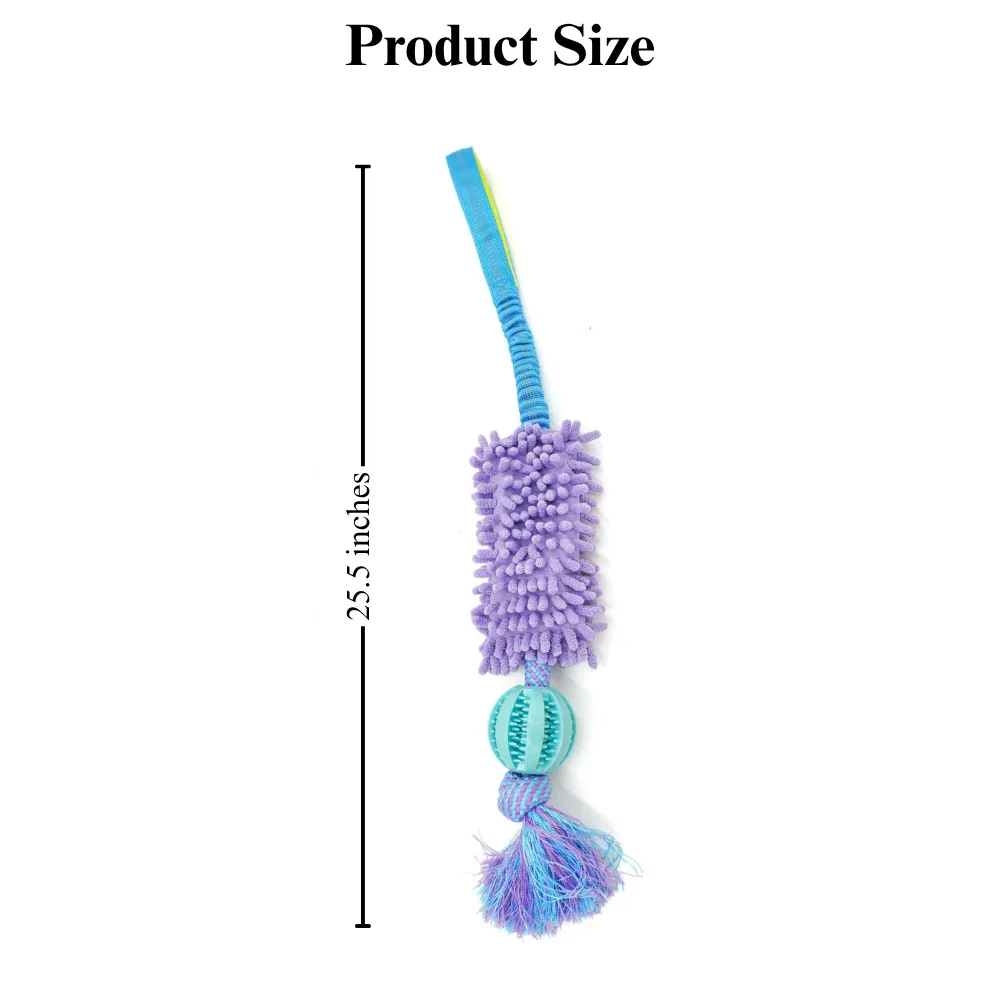 Size guide for interactive dog tug toy with treat ball and plush mop section