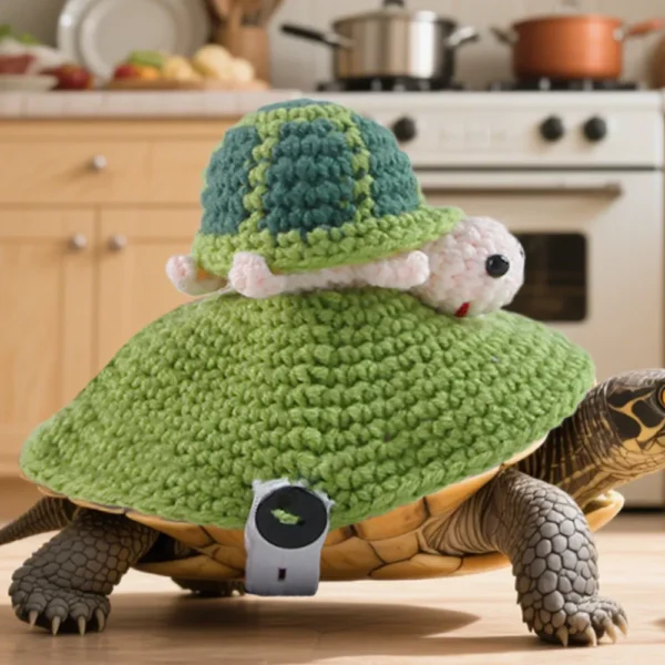 10003 Pet in hand-knitted turtle costume playing indoors, showing stylish design
