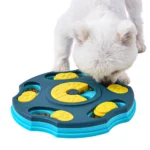 Dog playing with adjustable treat dispenser enrichment feeder toy indoors