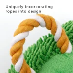 Close-up of durable plush fabric and strong pull rope dog toy