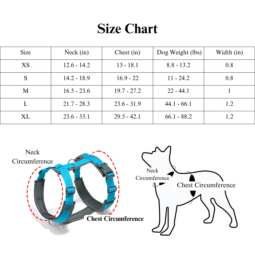 Size guide for breathable diving fabric anti-pull dog harness