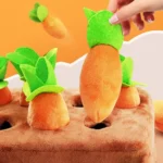 10004 Dog playing with carrot plush toy in a home setting, ideal for retail pet stores