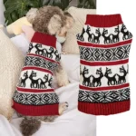 Close-up of acrylic knit texture and reindeer pattern on Christmas dog sweater – soft and warm material