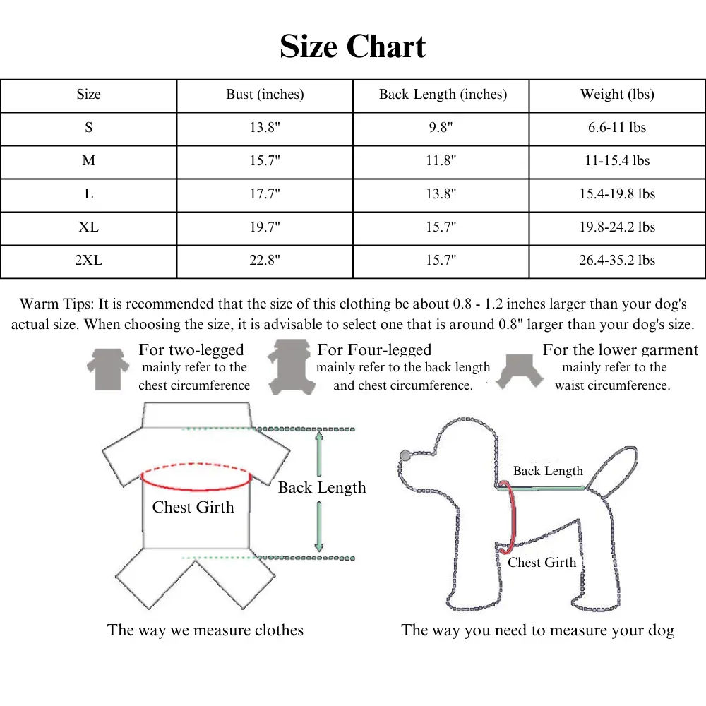 Sizing chart for fleece-lined Christmas dog sweatshirt – wholesale pet clothing for medium and large breeds