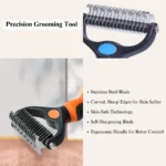 Close-up of stainless steel dematting comb teeth and ergonomic anti-slip handle for cats and large dogs