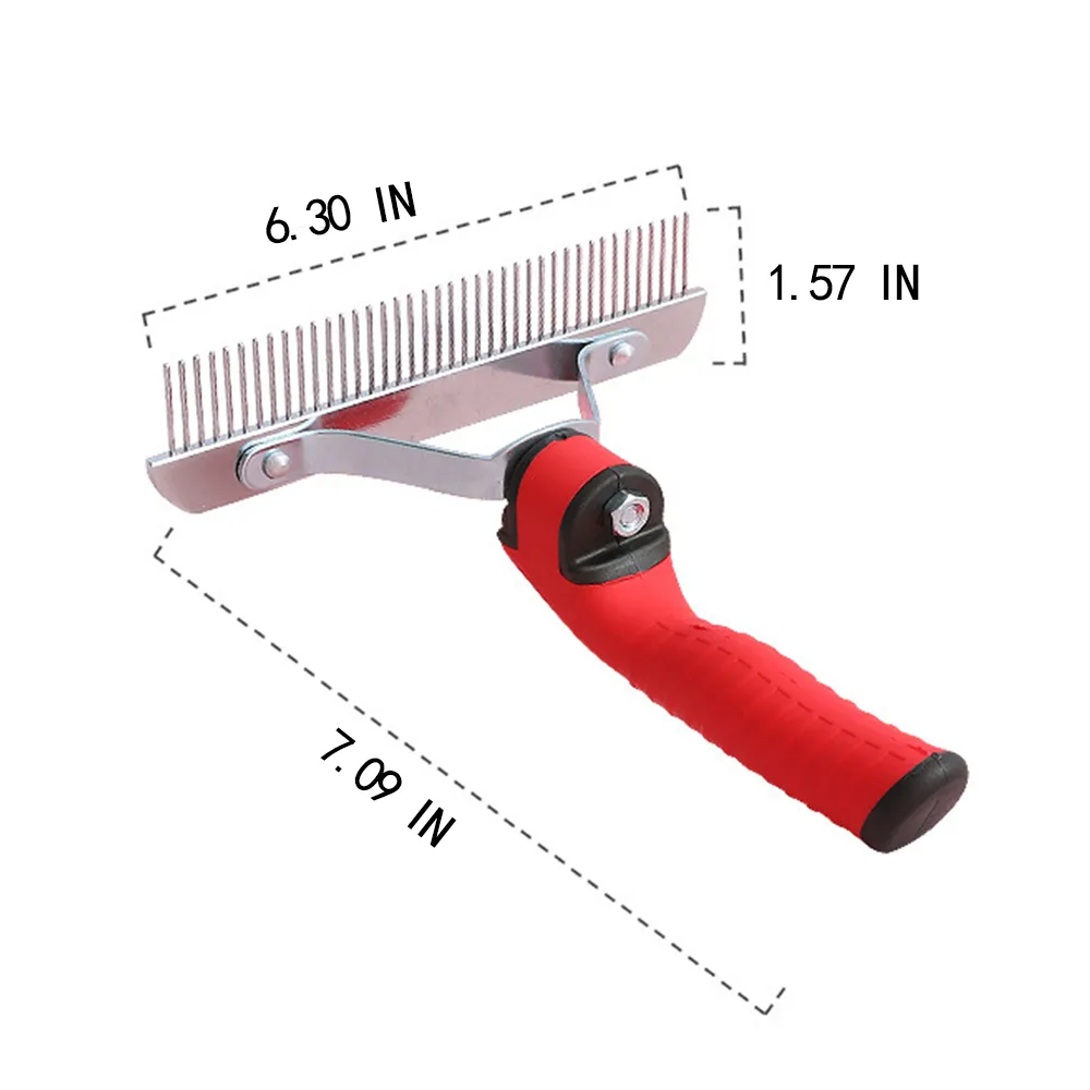Size dimensions of large pet rake comb grooming brush showing length, width, and pin size for wholesale buyers