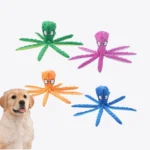 Dog playing with colorful plush octopus toy, suitable for pet stores and grooming shops