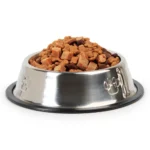 10004 Dog eating from durable stainless steel pet feeding bowl with rubber base