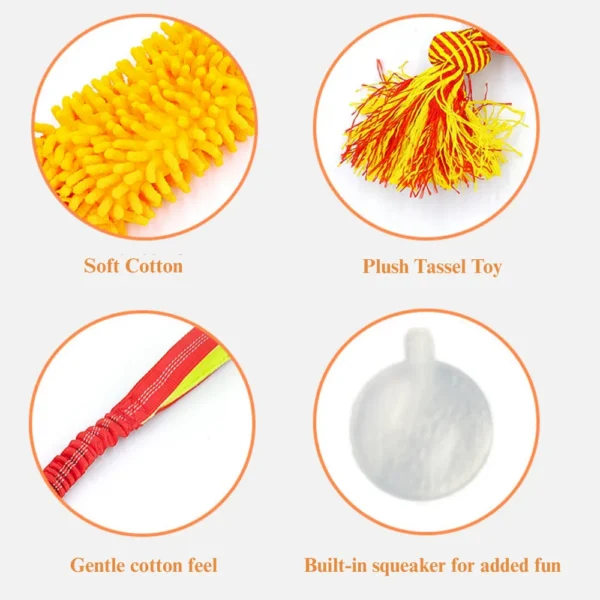 10004 Close-up view of treat dispensing ball and soft plush mop section on durable dog tug toy