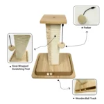 10004 Happy cat resting on plush platform of scratching post in living room