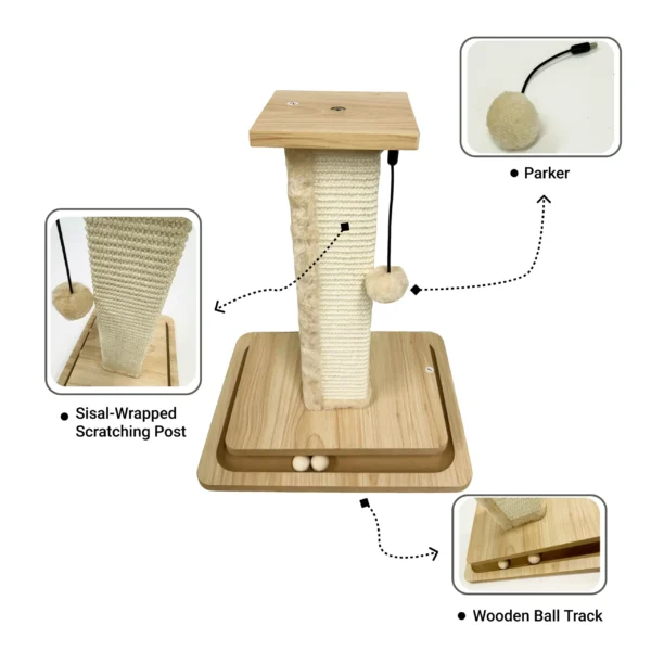 10004 Happy cat resting on plush platform of scratching post in living room