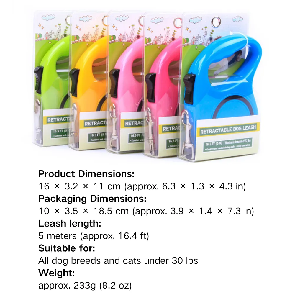 16.4 ft retractable dog leash dimensions with nylon tape and chrome-plated hook
