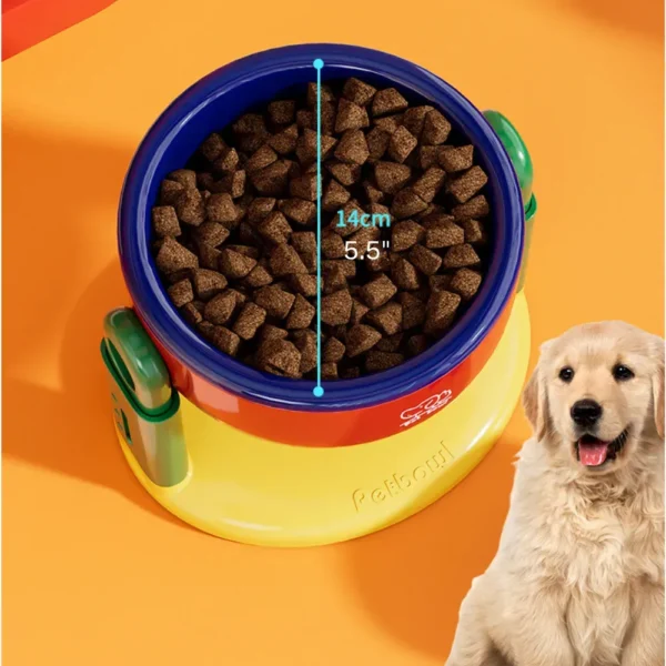 10004 Small dog using red adjustable raised food bowl indoors
