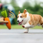 Dog playing with carrot-shaped rubber squeaky chew toy indoors