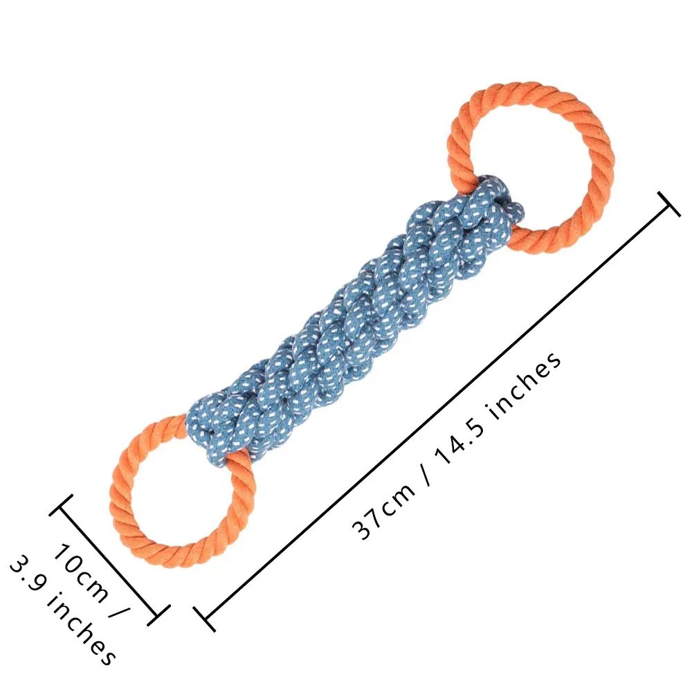 Size guide of double ring dog rope toy showing length and ring diameter for wholesale buyers