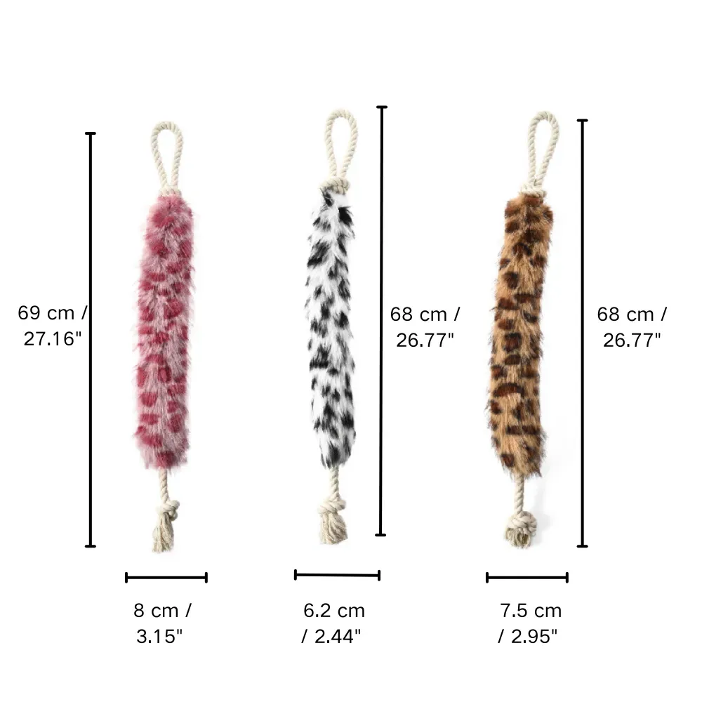 Size chart of wholesale dog chew rope toys – length and plush tail dimensions for retailers