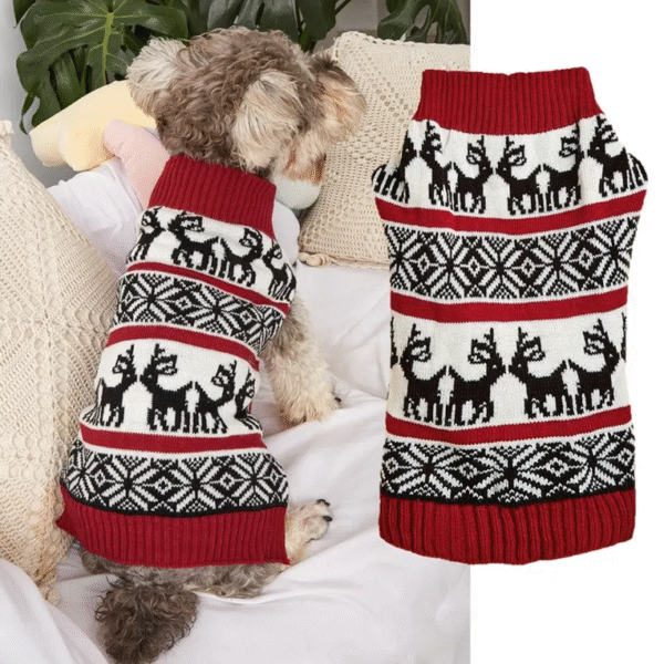10005 Close-up of acrylic knit texture and reindeer pattern on Christmas dog sweater – soft and warm material