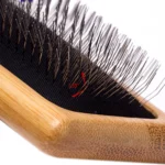 10005 Close-up view of bamboo fine-toothed pet needle comb teeth and smooth wooden handle