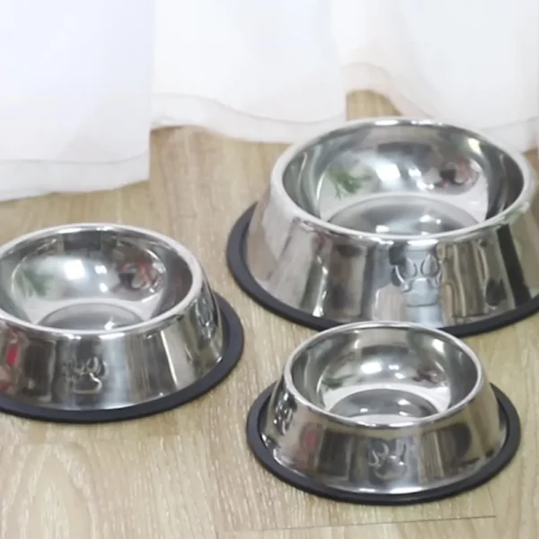 10005 Close-up of stainless steel pet bowl with anti-slip rubber base and polished interior
