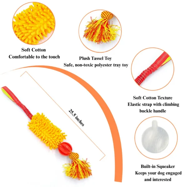 10005 Close-up view of treat dispensing ball and soft plush mop section on durable dog tug toy