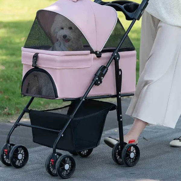 10005 Pet owner walking dog in deluxe foldable stroller with 4 wheels in an outdoor park