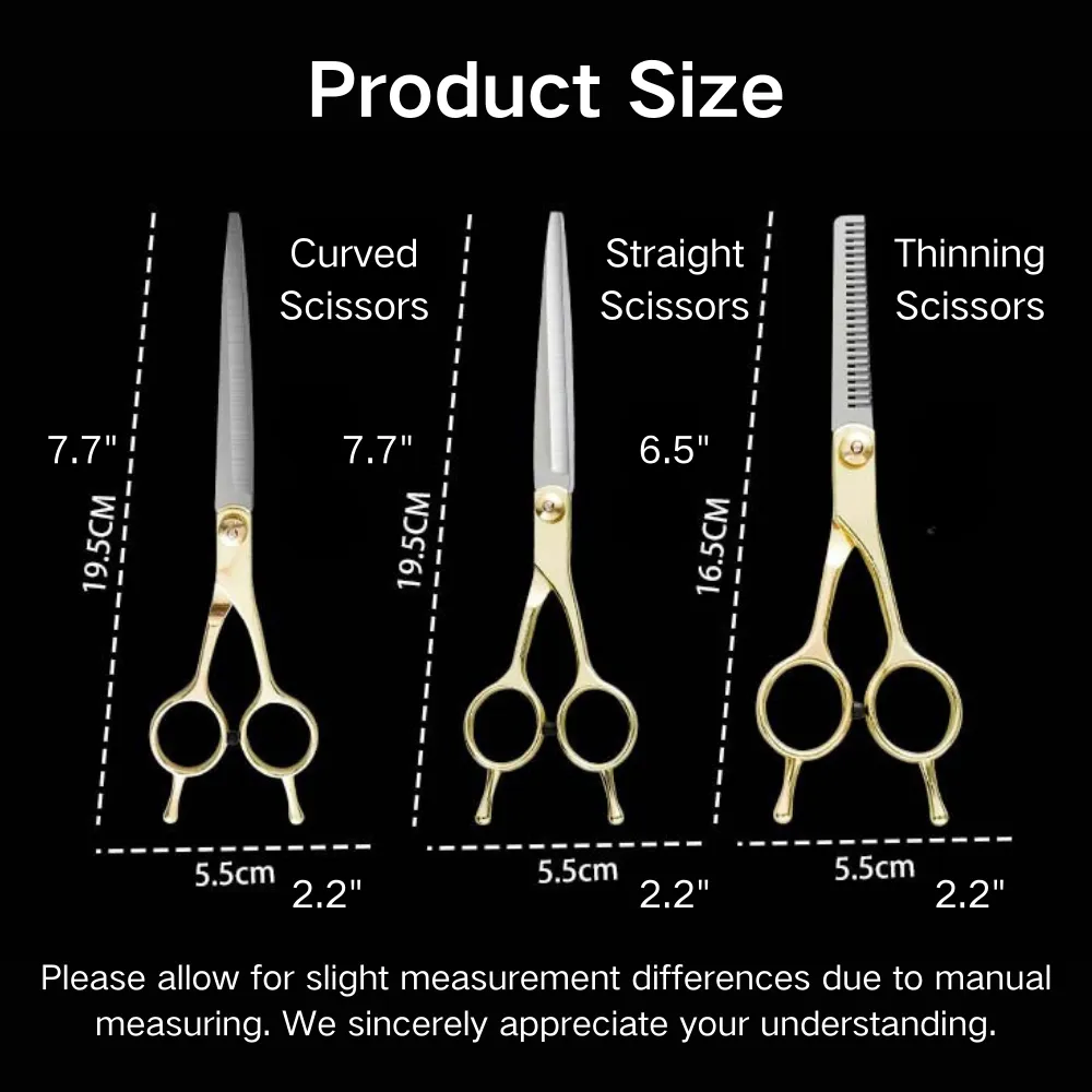 Size comparison of 7.7 inch and 6.5 inch stainless steel pet grooming scissors