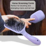 Horse being groomed using multi-function grooming brush in stable setting