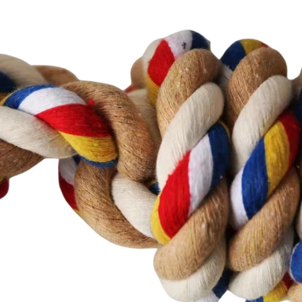 10006 Close-up of colorful twisted cotton rope dog chew toy with strong knots