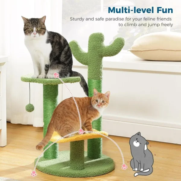 10006 cat playing on soft plush green cactus cat tree in pet store or grooming salon