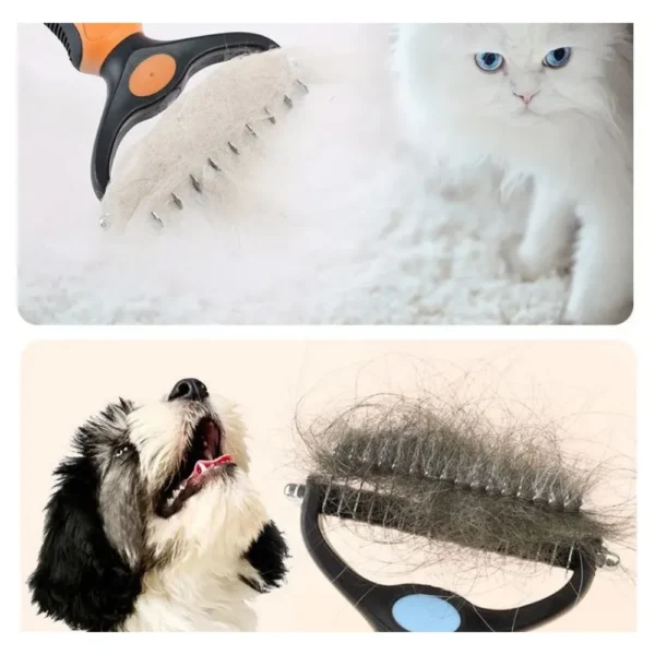 10006 Pet owner grooming long-haired cat with stainless steel dematting comb – wholesale pet grooming tools