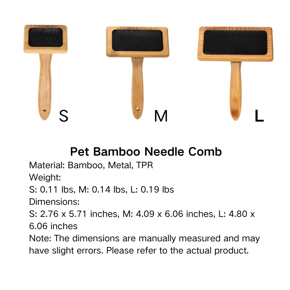 Set of small, medium, and large bamboo fine-toothed pet needle combs side by side