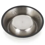10006 Close-up of stainless steel pet bowl with anti-slip rubber base and polished interior