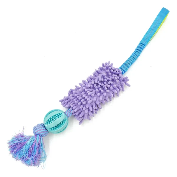 10006 Purple interactive dog tug toy with treat dispensing ball and plush mop section