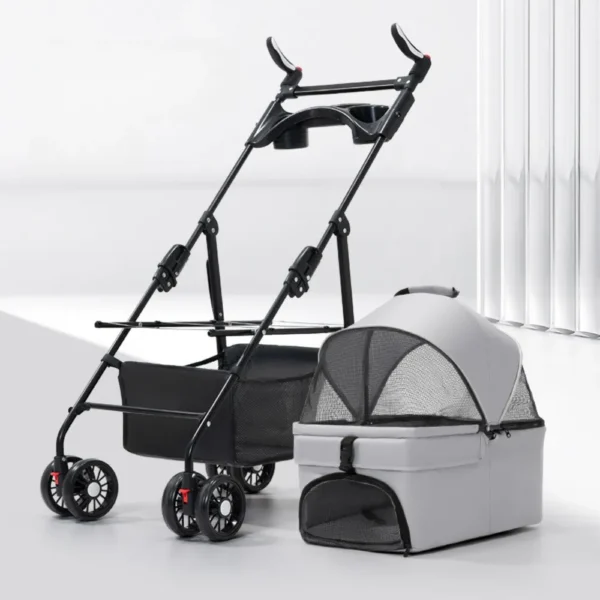 10006 Grey: Grey foldable pet stroller with breathable mesh and non-slip wheels