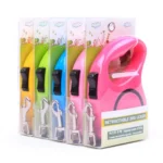 Close-up of nylon tape and chrome-plated hook on retractable dog leash