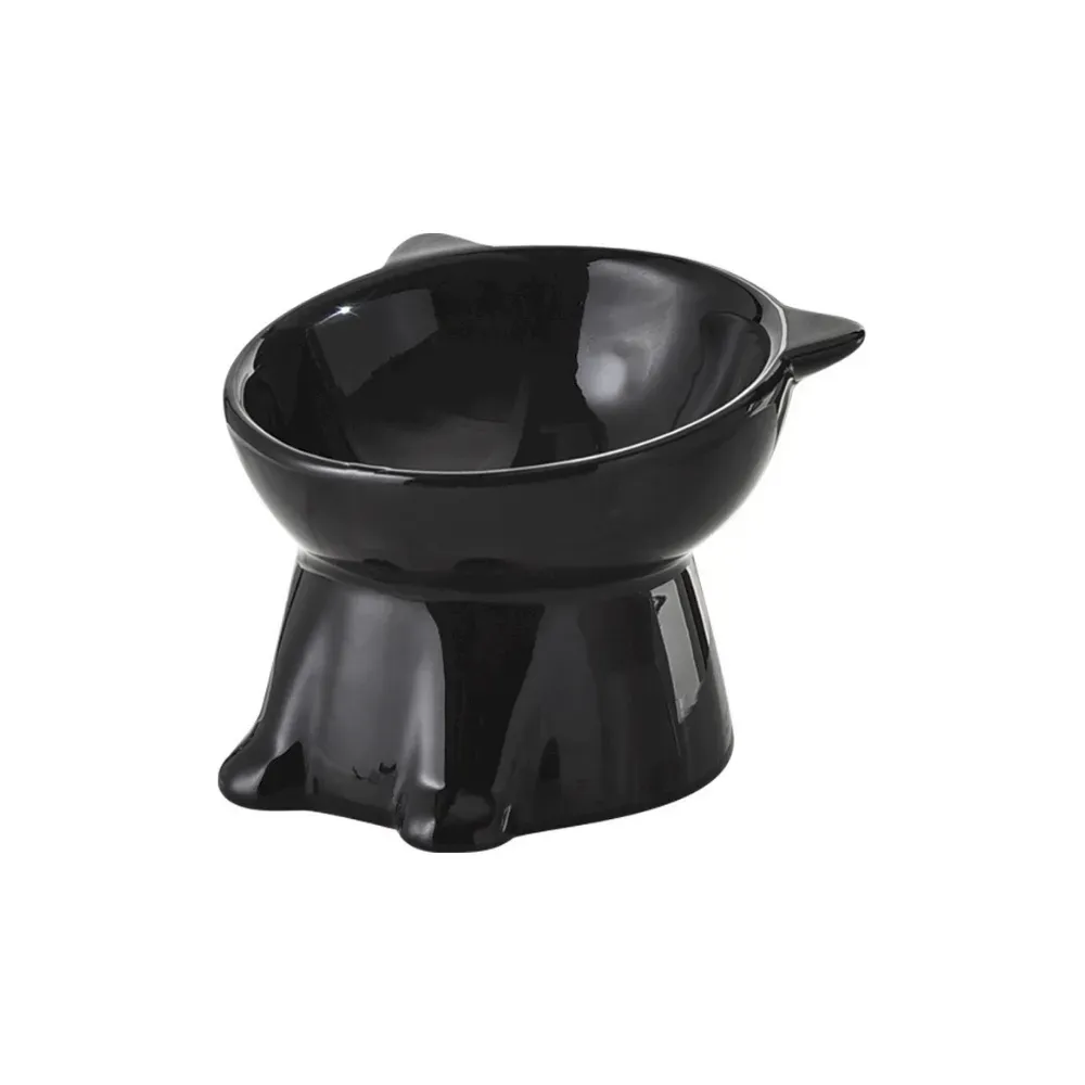Elevated ceramic cat bowl with tilted design for neck protection – wholesale pet feeding dish in white and black