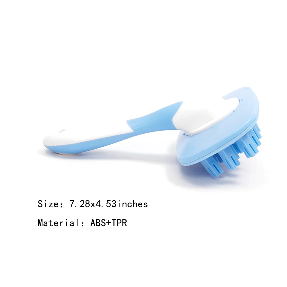 Size display of blue TPR pet grooming bath brush with ABS handle