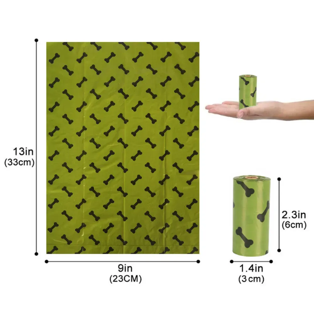 Size chart of dog poop bag dispenser with 2 rolls of biodegradable pet trash bags