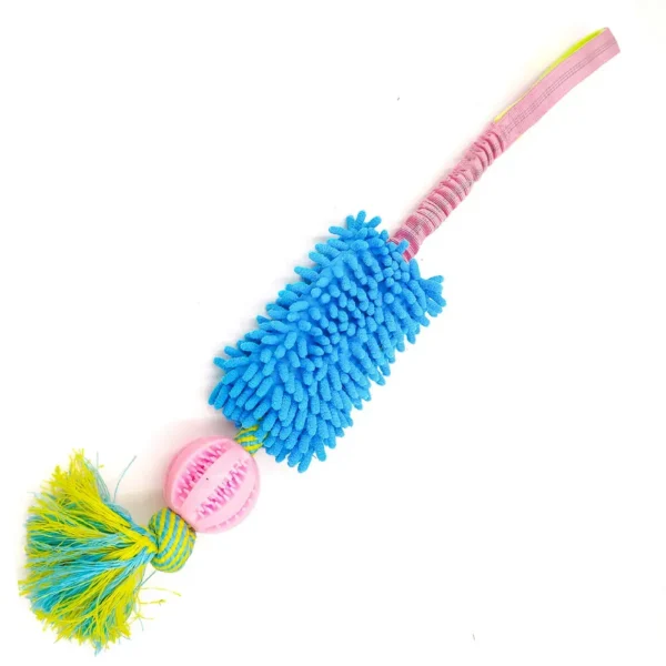 10007 Blue interactive dog tug toy with treat dispensing ball and plush mop section
