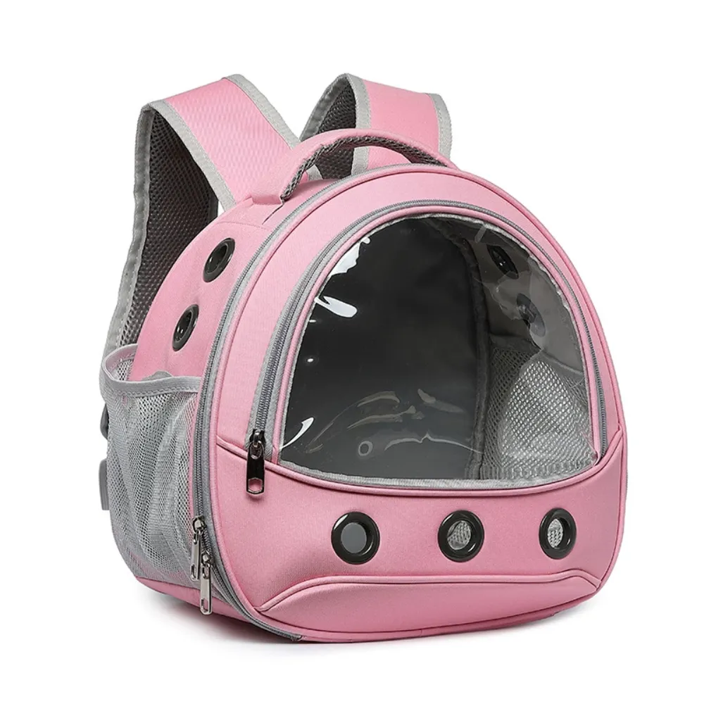 Transparent pet backpack carrier for parrots, hamsters, and rabbits – wholesale small animal travel bag (pink/grey)