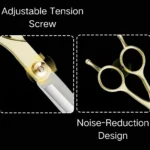 10007 Pet groomer using stainless steel grooming scissors on a dog in a grooming salon