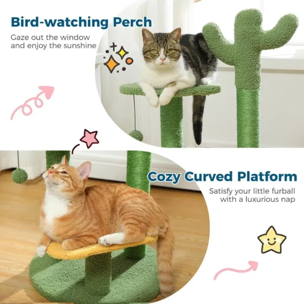 10008 Close-up of soft plush material and climbing platform on green cactus cat tree