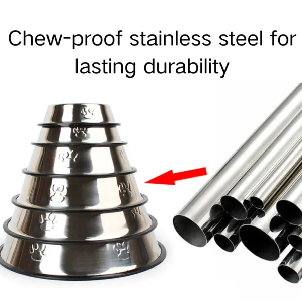 10008 Illustration of polished stainless steel material and non-slip rubber base for pet feeding bowl