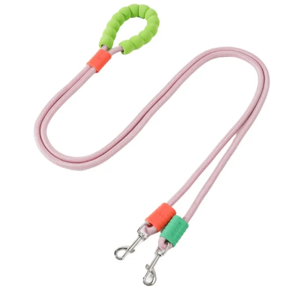 10008 Pink nylon dual dog leash for two dogs with sturdy metal clips