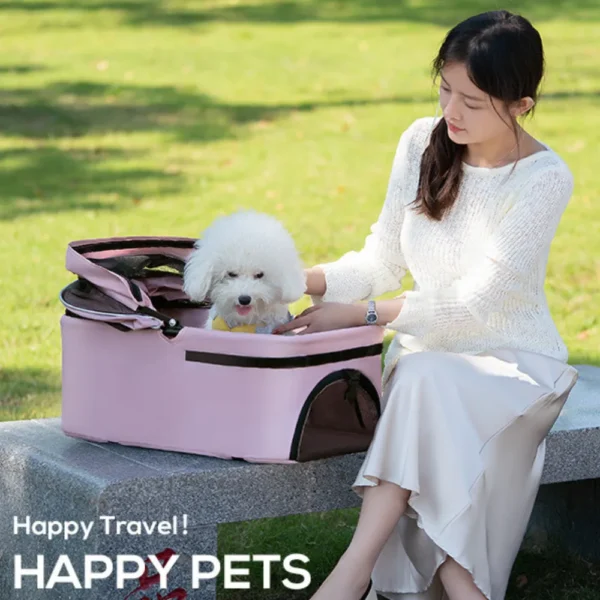 10008 Pet owner walking dog in deluxe foldable stroller with 4 wheels in an outdoor park