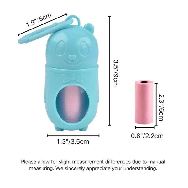 10008 Size comparison chart of bear-shaped dog poop bag holder with clip and waste bags