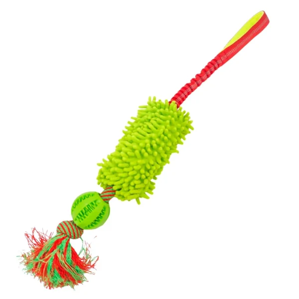 10009 Green interactive dog tug toy with treat dispensing ball and plush mop section