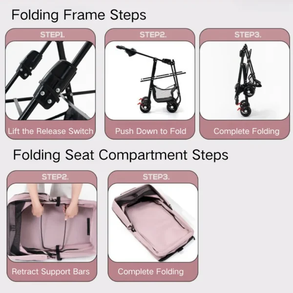 10009 Close-up of pet stroller showing durable frame, breathable mesh, and detachable carrier