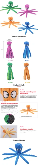10010 Close-up view of durable stitching and squeaker inside plush octopus dog toy