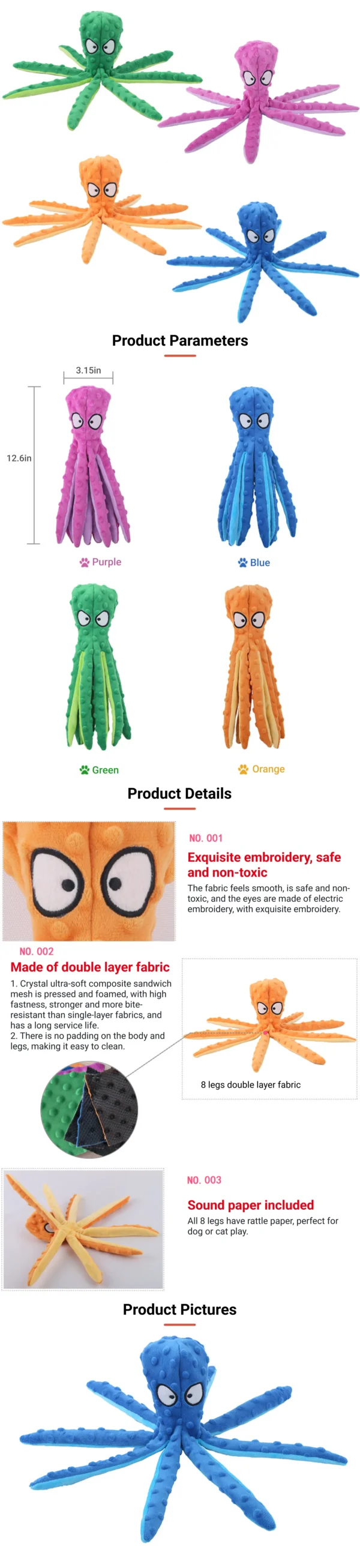 10010 Close-up view of durable stitching and squeaker inside plush octopus dog toy